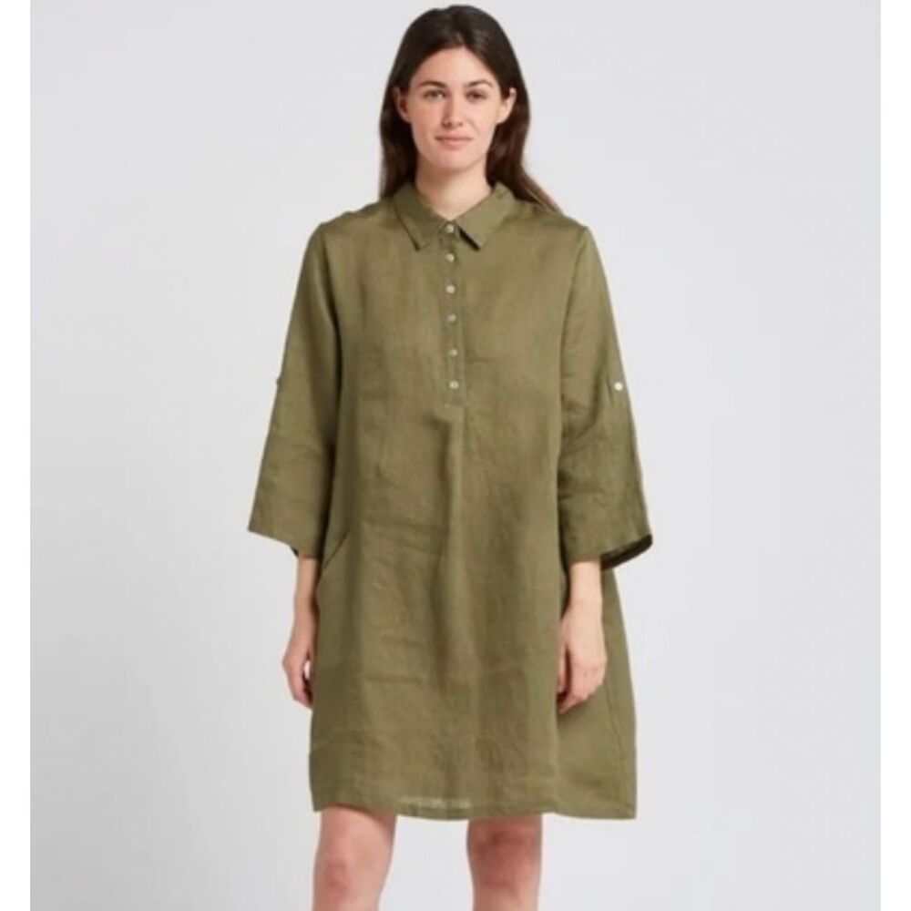 NWT Elena Baldi Made In Italy 100% Linen Dress Short Sleeve Army Green Size S